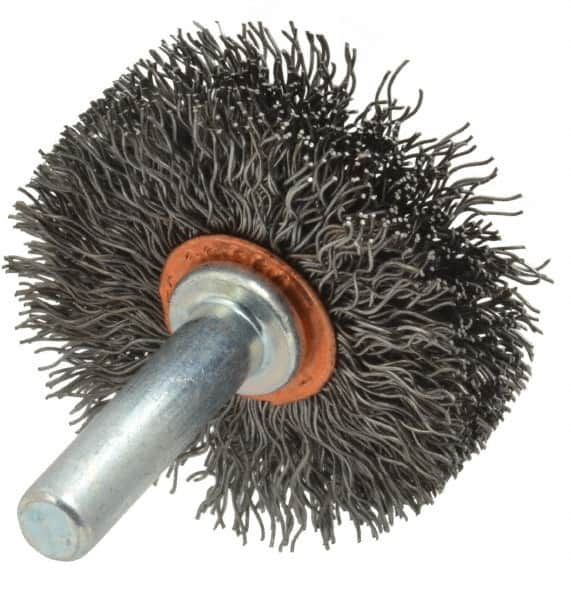 Weiler - 1-1/2" OD, 1/4" Shank Diam, Crimped Steel Wheel Brush - 1/2" Face Width, 1/2" Trim Length, 0.0118" Filament Diam, 20,000 RPM - Benchmark Tooling