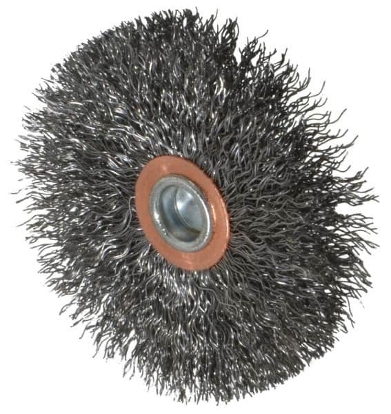 Weiler - 3" OD, 1/4" Shank Diam, Crimped Steel Wheel Brush - 1/2" Face Width, 1" Trim Length, 0.0118" Filament Diam, 20,000 RPM - Benchmark Tooling