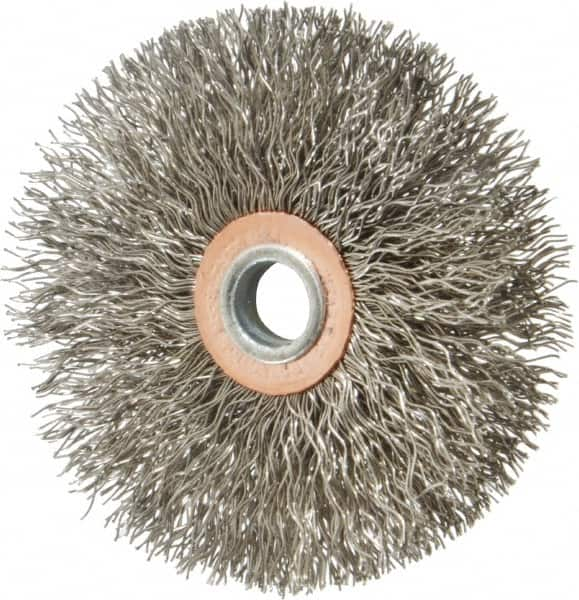 Weiler - 3" OD, 1/4" Shank Diam, Crimped Stainless Steel Wheel Brush - 1/2" Face Width, 1" Trim Length, 0.014" Filament Diam, 20,000 RPM - Benchmark Tooling