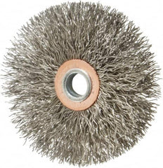 Weiler - 3" OD, 1/4" Shank Diam, Crimped Stainless Steel Wheel Brush - 1/2" Face Width, 1" Trim Length, 0.014" Filament Diam, 20,000 RPM - Benchmark Tooling