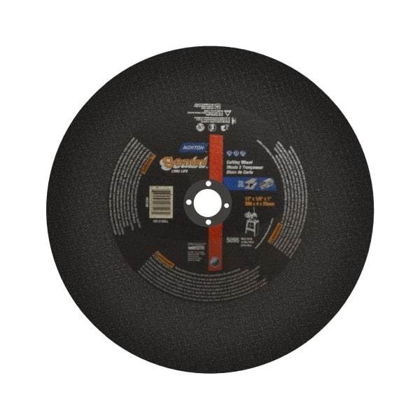 Norton - 12" Aluminum Oxide Cutoff Wheel - 1/8" Thick, 1" Arbor, 5,095 Max RPM, Use with Stationary Tools - Benchmark Tooling
