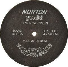 Norton - 4" Aluminum Oxide Cutoff Wheel - 1/8" Thick, 1/4" Arbor, 19,100 Max RPM, Use with Die Grinders - Benchmark Tooling