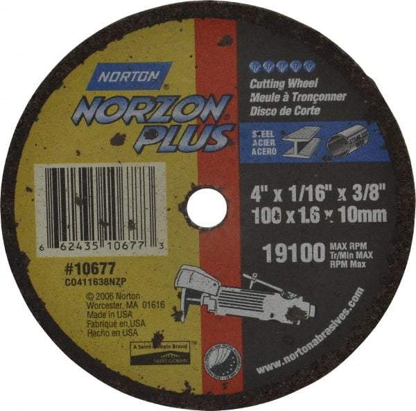 Norton - 4" Ceramic Cutoff Wheel - 1/16" Thick, 3/8" Arbor, 19,100 Max RPM, Use with Die Grinders - Benchmark Tooling