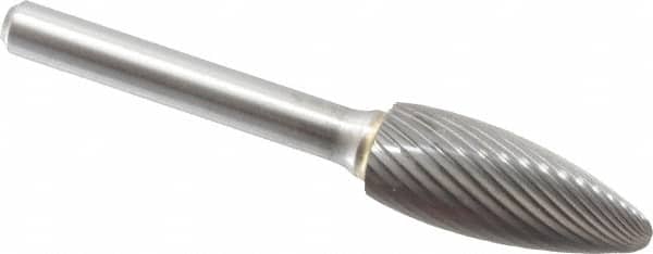 Made in USA - 1/2" Cut Diam, 6mm Shank Diam, Flame Head Single Cut Burr - Carbide, Radius End, 1-1/4" LOC - Benchmark Tooling
