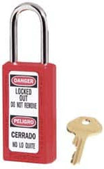 Master Lock - Keyed Alike Conductive Lockout Padlock - 1-1/2" Shackle Clearance, 1/4" Shackle Diam, 1-3/4" Body Height x 1-1/2" Body Width, Red, 6 Pins - Benchmark Tooling