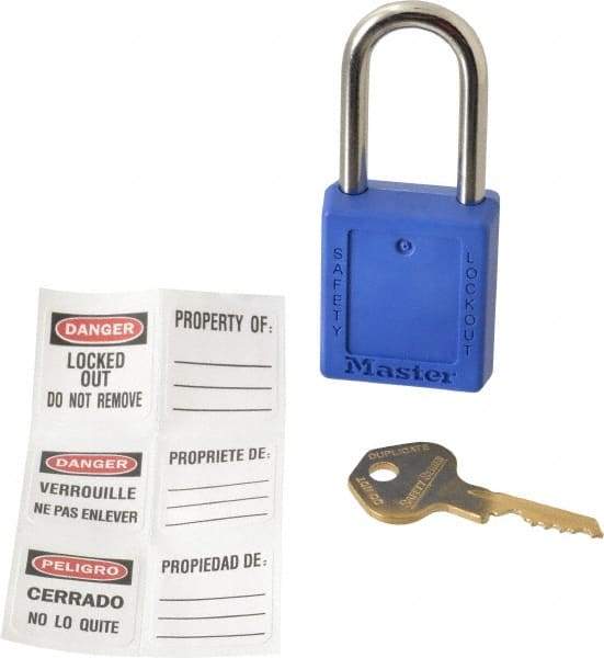 Master Lock - Keyed Alike Conductive Lockout Padlock - 1-1/2" Shackle Clearance, 1/4" Shackle Diam, 1-3/4" Body Height x 1-1/2" Body Width, Blue, 6 Pins - Benchmark Tooling