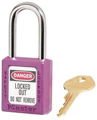 Master Lock - Keyed Alike Conductive Lockout Padlock - 1-1/2" Shackle Clearance, 1/4" Shackle Diam, 1-3/4" Body Height x 1-1/2" Body Width, Purple, 6 Pins - Benchmark Tooling