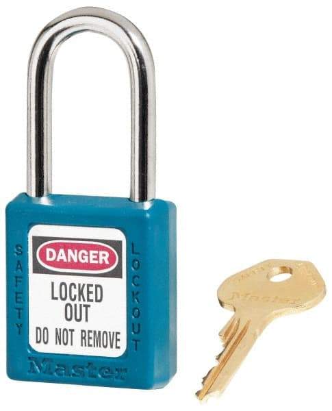 Master Lock - Keyed Alike Conductive Lockout Padlock - 1-1/2" Shackle Clearance, 1/4" Shackle Diam, 1-3/4" Body Height x 1-1/2" Body Width, Teal, 6 Pins - Benchmark Tooling