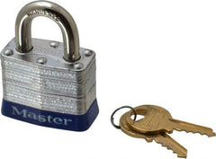 Master Lock - Keyed Different Retaining Key Conductive Lockout Padlock - 3/4" Shackle Clearance, 9/32" Shackle Diam, 1-1/4" Body Height x 1-9/16" Body Width, Blue, 4 Pins - Benchmark Tooling