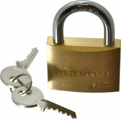 Master Lock - 15/16" Shackle Clearance, Keyed Different Padlock - 9/32" Shackle Diam, Brass - Benchmark Tooling