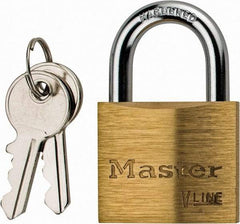 Master Lock - 13/16" Shackle Clearance, Keyed Different Padlock - 1/4" Shackle Diam, Brass - Benchmark Tooling