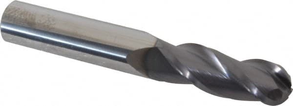 Accupro - 3/8" Diam, 1" LOC, 3 Flute Solid Carbide Ball End Mill - AlTiN Finish, Single End, 2-1/2" OAL, 3/8" Shank Diam, Spiral Flute - Benchmark Tooling