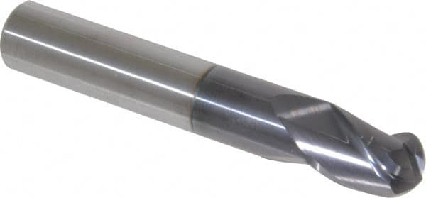 Accupro - 7/16" Diam, 9/16" LOC, 3 Flute Solid Carbide Ball End Mill - AlTiN Finish, Single End, 2-3/4" OAL, 7/16" Shank Diam, Spiral Flute - Benchmark Tooling