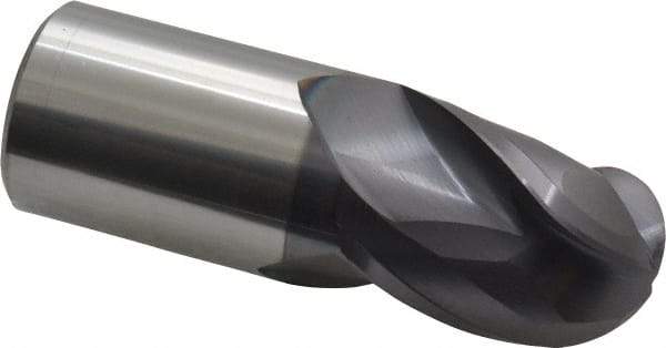 Accupro - 1" Diam, 1-1/4" LOC, 3 Flute Solid Carbide Ball End Mill - AlTiN Finish, Single End, 3" OAL, 1" Shank Diam, Spiral Flute - Benchmark Tooling