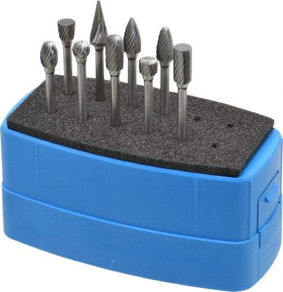 Made in USA - 9 Piece, 1/8" Shank Burr Set - Solid Carbide, Multiple Head Shapes - Benchmark Tooling