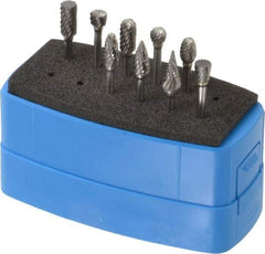 Made in USA - 9 Piece, 1/8" Shank Burr Set - Solid Carbide, Multiple Head Shapes - Benchmark Tooling