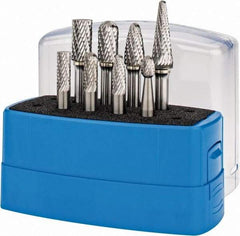 Made in USA - 8 Piece, 1/4" Shank Burr Set - Tungsten Carbide, Multiple Head Shape - Benchmark Tooling