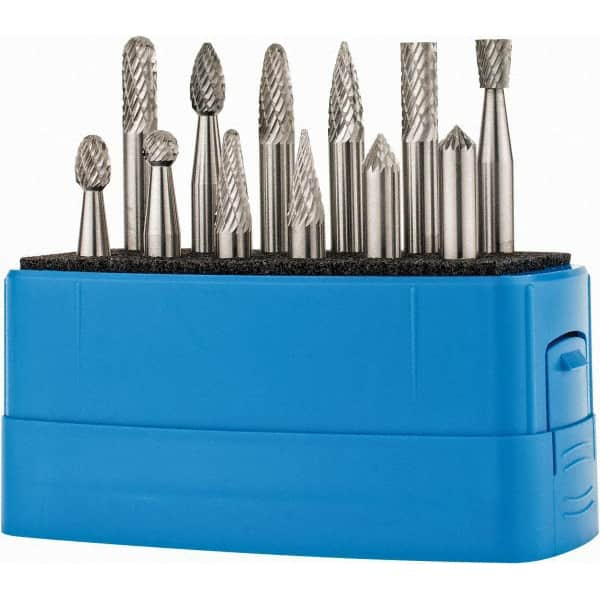 Made in USA - 12 Piece, 1/4" Shank Burr Set - Solid Carbide, Multiple Head Shape - Benchmark Tooling