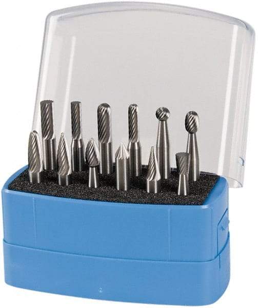 Made in USA - 12 Piece, 1/4" Shank Burr Set - Solid Carbide, Multiple Head Shape - Benchmark Tooling