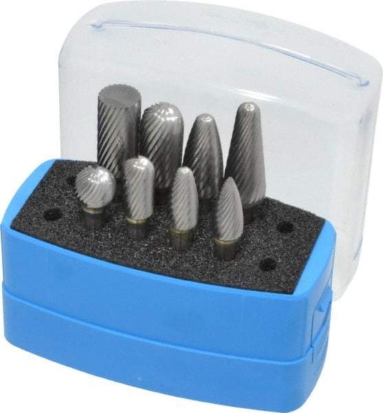 Made in USA - 8 Piece, 1/4" Shank Burr Set - Solid Carbide, Multiple Head Shapes, 14° Included Angle - Benchmark Tooling