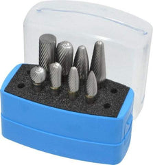 Made in USA - 8 Piece, 1/4" Shank Burr Set - Solid Carbide, Multiple Head Shapes, 14° Included Angle - Benchmark Tooling