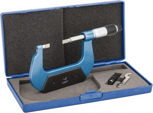 Value Collection - 1" to 2" Mechanical Enamel Coated Blade Micrometer - 0.001" Graduation, 0.0276" Blade Thickness, Ratchet-Friction Thimble - Benchmark Tooling