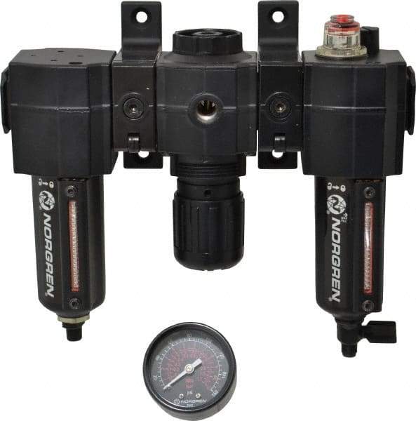 Norgren - 3/8" NPT Port Intermediate 3 Piece Filter-Regulator-Lubricator FRL Unit - Metal Bowl, 75 SCFM, 250 Max psi, 82" High x 9.13" Long, Automatic Drain - Benchmark Tooling