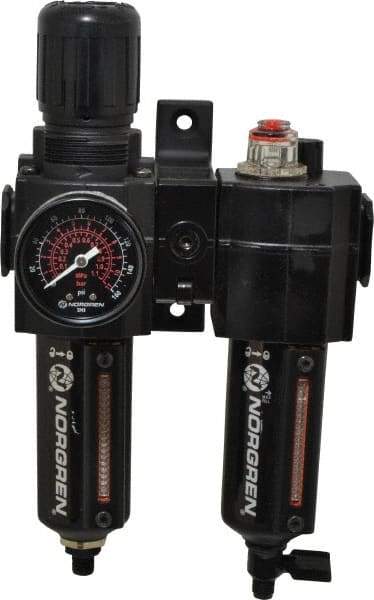 Norgren - 3/8" NPT Port Intermediate 2 Piece Filter/Regulator-Lubricator FRL Unit - Metal Bowl, 60 SCFM, 250 Max psi, 9.95" High x 5.91" Long, Automatic Drain - Benchmark Tooling