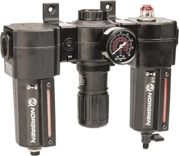 Norgren - 3/4" NPT Port Standard 3 Piece Filter-Regulator-Lubricator FRL Unit - Metal Bowl, 138 SCFM, 250 Max psi, 97" High x 10.52" Long, Automatic Drain - Benchmark Tooling