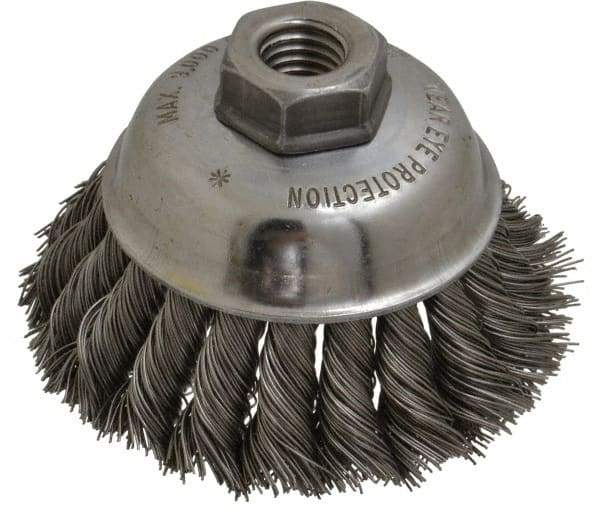 Anderson - 3-1/2" Diam, 5/8-11 Threaded Arbor, Steel Fill Cup Brush - 0.02 Wire Diam, 1-1/4" Trim Length, 9,000 Max RPM - Benchmark Tooling