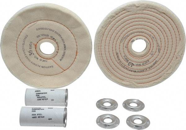 Dico - 6" Diam Cushion Sewn, Spiral Sewn Buffing Wheel Set - 1/2 - 1" Arbor Hole, Emery - Benchmark Tooling