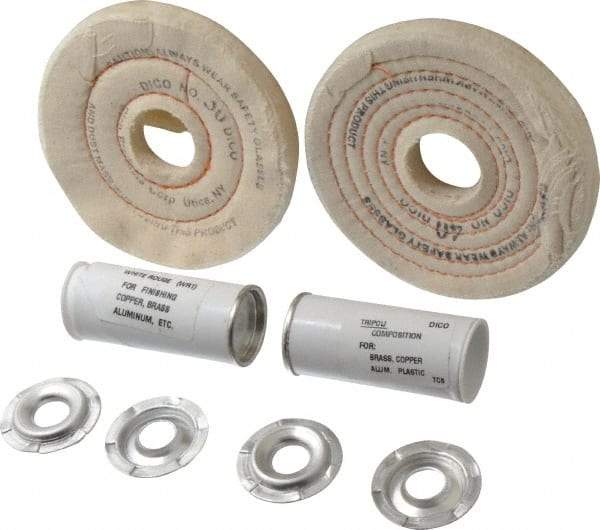 Dico - 4" Diam Cushion Sewn, Spiral Sewn Buffing Wheel Set - 1/2 - 1" Arbor Hole, Tripoli - Benchmark Tooling