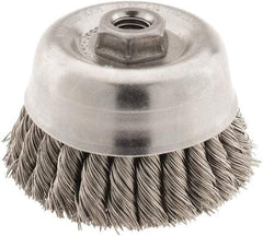 Anderson - 4" Diam, 5/8-11 Threaded Arbor, Stainless Steel Fill Cup Brush - 0.02 Wire Diam, 1-1/4" Trim Length, 9,000 Max RPM - Benchmark Tooling