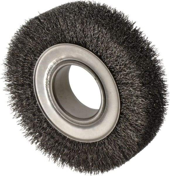 Anderson - 6" OD, 2" Arbor Hole, Crimped Steel Wheel Brush - 1-1/2" Face Width, 1-1/8" Trim Length, 0.014" Filament Diam, 6,000 RPM - Benchmark Tooling