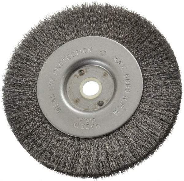 Anderson - 4" OD, 1/2" Arbor Hole, Crimped Steel Wheel Brush - 11/32" Face Width, 13/16" Trim Length, 0.006" Filament Diam, 6,000 RPM - Benchmark Tooling