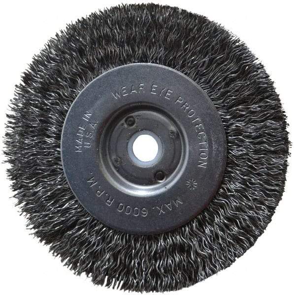 Anderson - 4" OD, 1/2" Arbor Hole, Crimped Steel Wheel Brush - 11/32" Face Width, 13/16" Trim Length, 0.014" Filament Diam, 6,000 RPM - Benchmark Tooling
