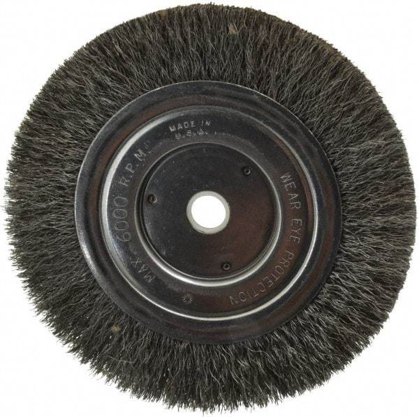 Anderson - 6" OD, 5/8" Arbor Hole, Crimped Steel Wheel Brush - 1/2" Face Width, 1-1/16" Trim Length, 0.008" Filament Diam, 6,000 RPM - Benchmark Tooling