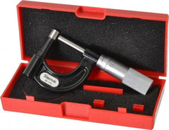 Starrett - 1 Inch Measurement Range, 0.001 Inch Graduation, Post Anvil, Plain Thimble, Mechanical Anvil, Tube Micrometer - 39/64 Inch Head Diameter, Satin Chrome Finish, Carbide, Includes Case - Benchmark Tooling