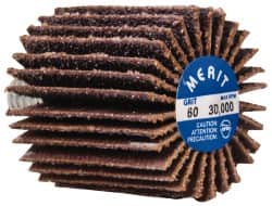 Merit Abrasives - 1" Diam x 1" Face Width, Medium Ceramic Alumina Coated Mounted Flap Wheel - 1/4-20 Threaded Mount, 60 Grit, Cloth Backing, 30,000 Max RPM - Benchmark Tooling
