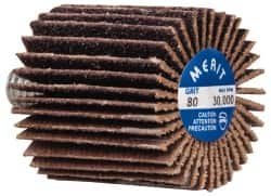 Merit Abrasives - 1" Diam x 1" Face Width, Medium Ceramic Alumina Coated Mounted Flap Wheel - 1/4-20 Threaded Mount, 80 Grit, Cloth Backing, 30,000 Max RPM - Benchmark Tooling