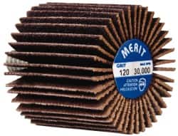 Merit Abrasives - 1" Diam x 1" Face Width, Fine Ceramic Alumina Coated Mounted Flap Wheel - 1/4-20 Threaded Mount, 120 Grit, Cloth Backing, 30,000 Max RPM - Benchmark Tooling
