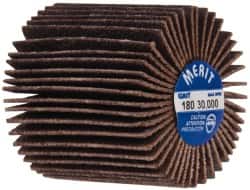 Merit Abrasives - 1" Diam x 1" Face Width, Very Fine Ceramic Alumina Coated Mounted Flap Wheel - 1/4-20 Threaded Mount, 180 Grit, Cloth Backing, 30,000 Max RPM - Benchmark Tooling