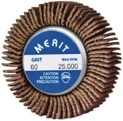 Merit Abrasives - 1-5/8" Diam x 1/2" Face Width, Medium Ceramic Alumina Coated Mounted Flap Wheel - 1/4-20 Threaded Mount, 60 Grit, Cloth Backing, 25,000 Max RPM - Benchmark Tooling