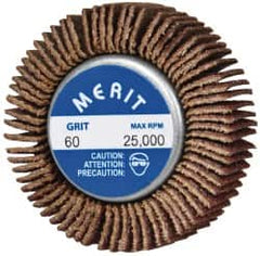 Merit Abrasives - 1-5/8" Diam x 1/2" Face Width, Medium Ceramic Alumina Coated Mounted Flap Wheel - 1/4-20 Threaded Mount, 60 Grit, Cloth Backing, 25,000 Max RPM - Benchmark Tooling