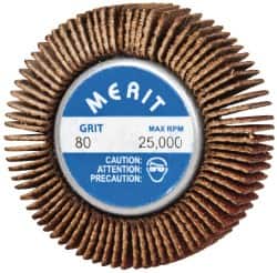 Merit Abrasives - 1-5/8" Diam x 1/2" Face Width, Medium Ceramic Alumina Coated Mounted Flap Wheel - 1/4-20 Threaded Mount, 80 Grit, Cloth Backing, 25,000 Max RPM - Benchmark Tooling