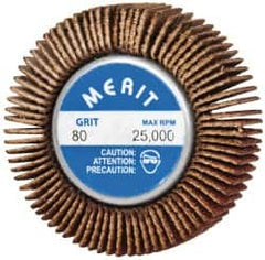 Merit Abrasives - 1-5/8" Diam x 1/2" Face Width, Medium Ceramic Alumina Coated Mounted Flap Wheel - 1/4-20 Threaded Mount, 80 Grit, Cloth Backing, 25,000 Max RPM - Benchmark Tooling