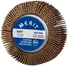 Merit Abrasives - 1-5/8" Diam x 1/2" Face Width, Fine Ceramic Alumina Coated Mounted Flap Wheel - 1/4-20 Threaded Mount, 120 Grit, Cloth Backing, 25,000 Max RPM - Benchmark Tooling