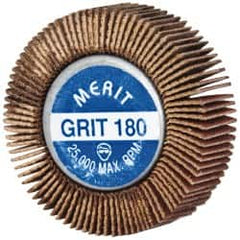 Merit Abrasives - 1-5/8" Diam x 1/2" Face Width, Very Fine Ceramic Alumina Coated Mounted Flap Wheel - 1/4-20 Threaded Mount, 180 Grit, Cloth Backing, 25,000 Max RPM - Benchmark Tooling