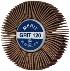 Merit Abrasives - 2" Diam x 1/2" Face Width, Fine Ceramic Alumina Coated Mounted Flap Wheel - 1/4-20 Threaded Mount, 120 Grit, Cloth Backing, 25,000 Max RPM - Benchmark Tooling