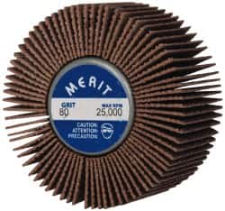 Merit Abrasives - 2" Diam x 1" Face Width, Medium Ceramic Alumina Coated Mounted Flap Wheel - 1/4-20 Threaded Mount, 80 Grit, Cloth Backing, 25,000 Max RPM - Benchmark Tooling